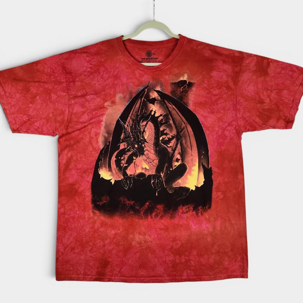 The Mountain Fireball Dragon Tee Mens 2XL Red Tie-Dye Graphic Modern Fantasy